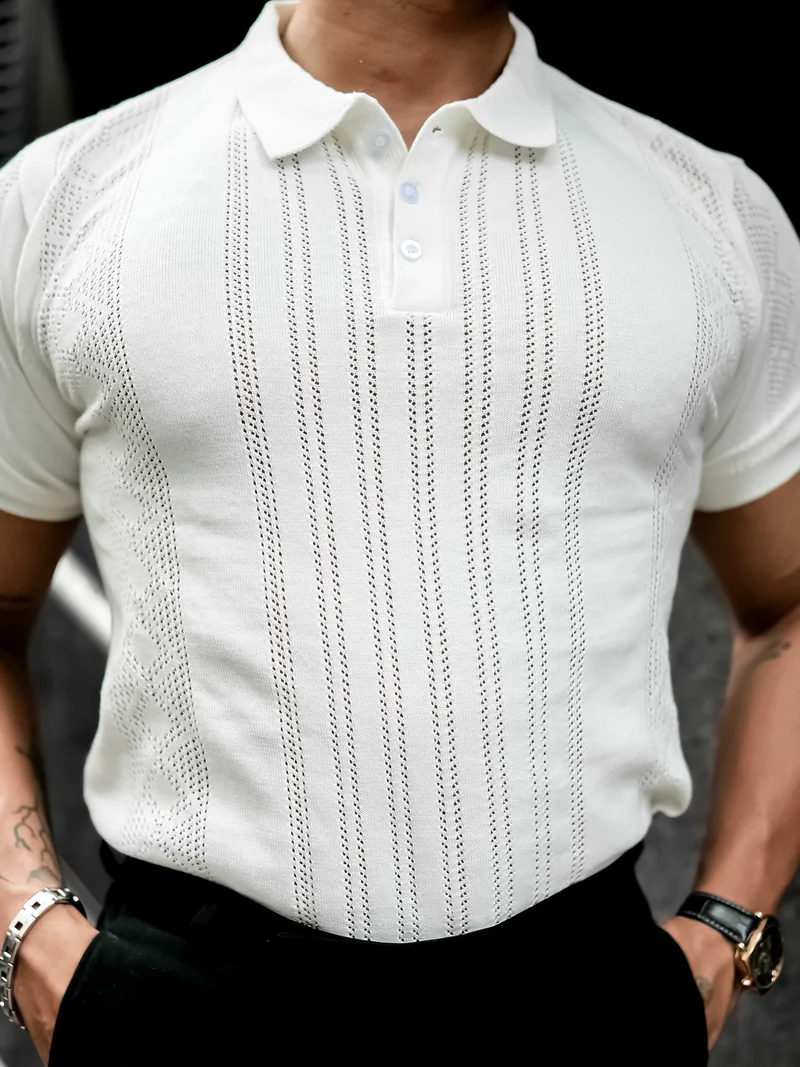 Maniac Maniac Mens Solid Textured Polo Neck Half Sleeve White Cotton T-Shirt